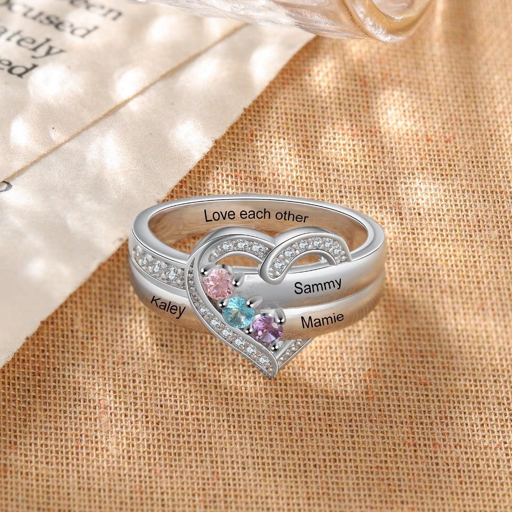 Heart Personalized Silver Ring - 3 Custom Birthstones 3 Custome Names 1 Custom Engraving - Personalized Jewel