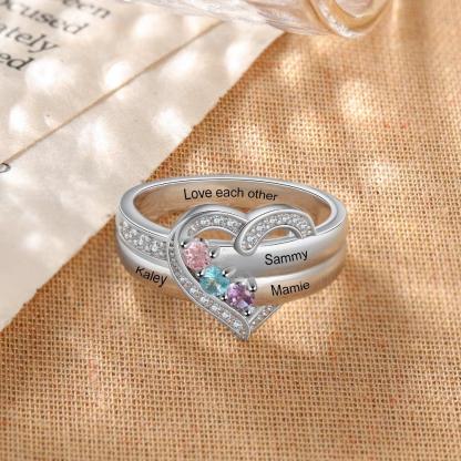 Heart Personalized Silver Ring - 3 Custom Birthstones 3 Custome Names 1 Custom Engraving - Personalized Jewel