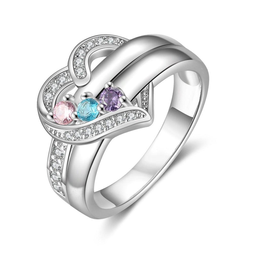 Heart Personalized Silver Ring - 3 Custom Birthstones 3 Custome Names 1 Custom Engraving-Personalized Jewels