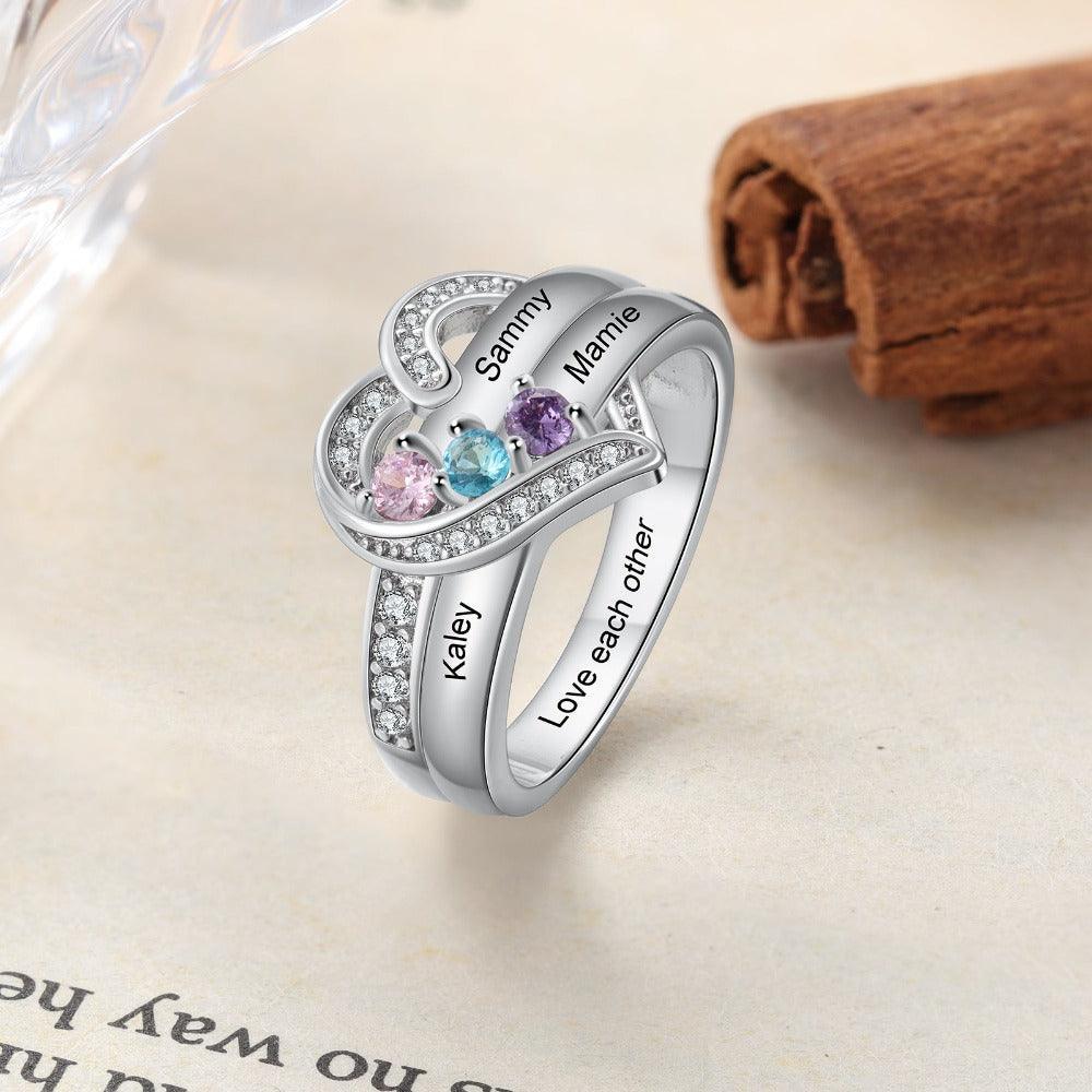 Heart Personalized Silver Ring - 3 Custom Birthstones 3 Custome Names 1 Custom Engraving-Personalized Jewels