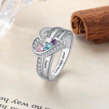 Heart Personalized Silver Ring - 3 Custom Birthstones 3 Custome Names 1 Custom Engraving - Personalized Jewel