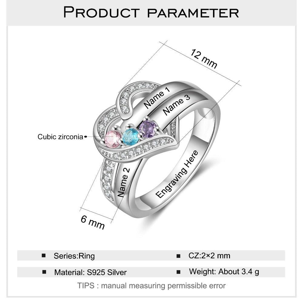 Heart Personalized Silver Ring - 3 Custom Birthstones 3 Custome Names 1 Custom Engraving - Personalized Jewel
