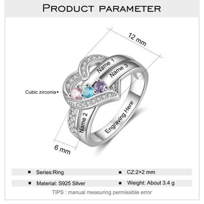 Heart Personalized Silver Ring - 3 Custom Birthstones 3 Custome Names 1 Custom Engraving - Personalized Jewel