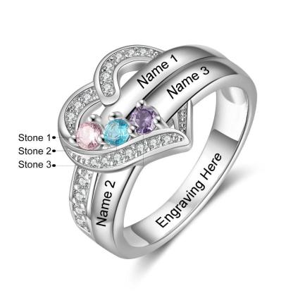 Heart Personalized Silver Ring - 3 Custom Birthstones 3 Custome Names 1 Custom Engraving - Personalized Jewel