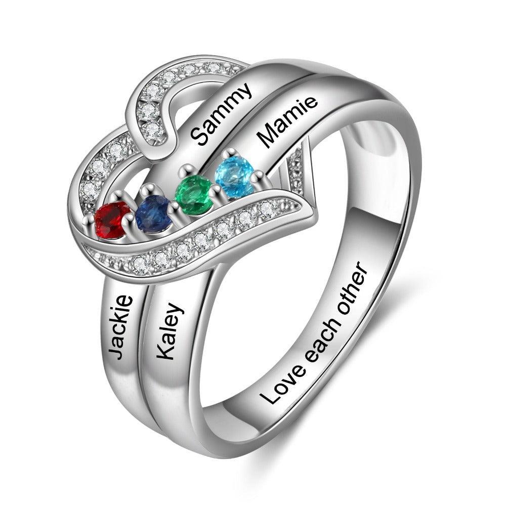 Heart Personalized Silver Ring - 4 Custom Birthstones 4 Custom Names 1 Custom Engraving - Personalized Jewel