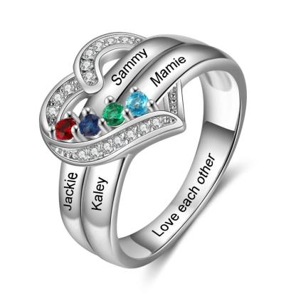 Heart Personalized Silver Ring - 4 Custom Birthstones 4 Custom Names 1 Custom Engraving - Personalized Jewel