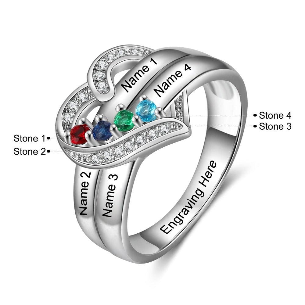 Heart Personalized Silver Ring - 4 Custom Birthstones 4 Custom Names 1 Custom Engraving - Personalized Jewel