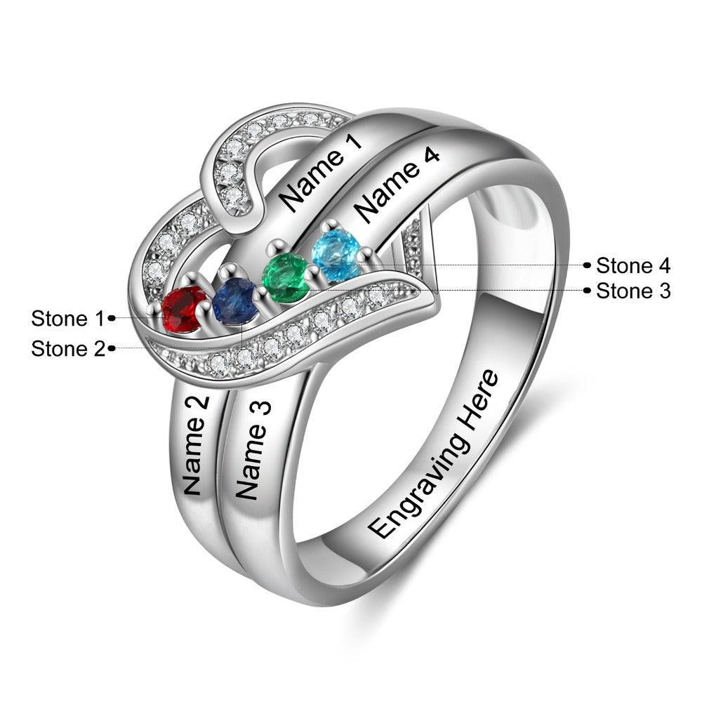 Heart Personalized Silver Ring - 4 Custom Birthstones 4 Custom Names 1 Custom Engraving - Personalized Jewel