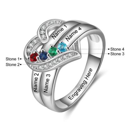 Heart Personalized Silver Ring - 4 Custom Birthstones 4 Custom Names 1 Custom Engraving - Personalized Jewel