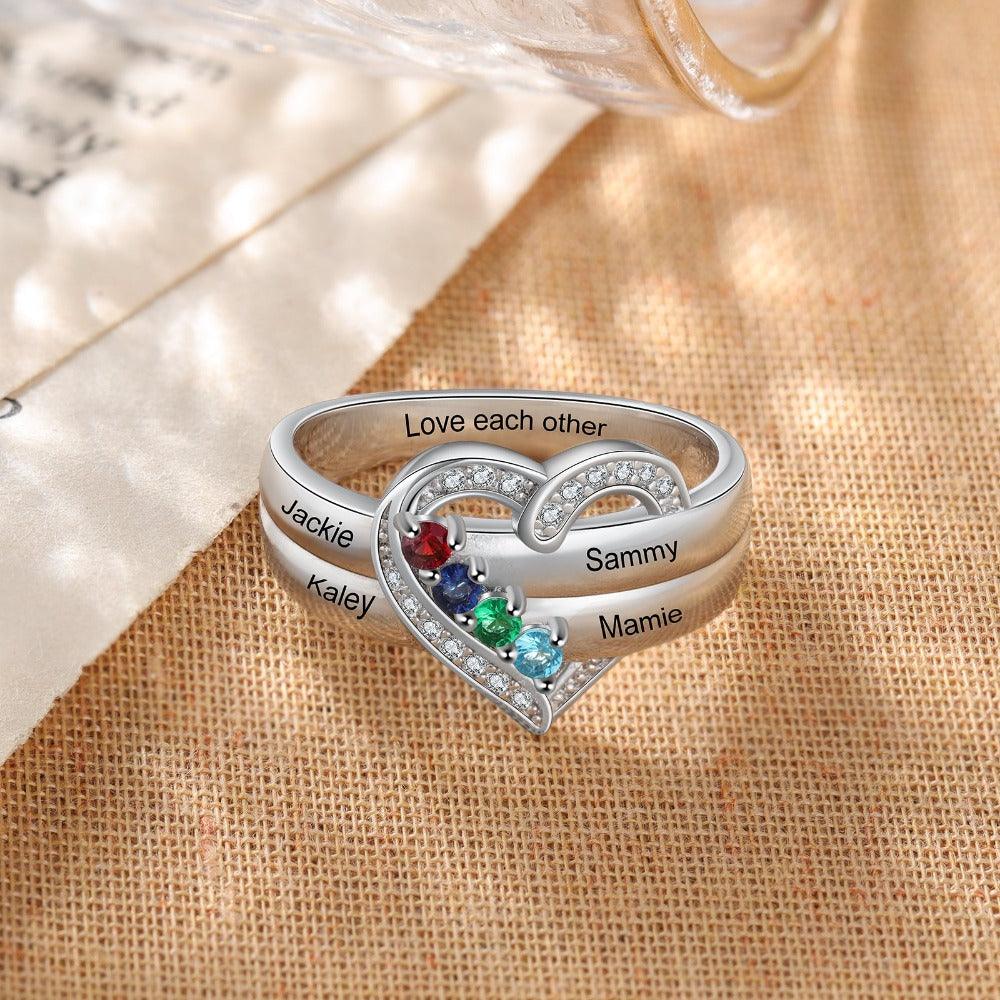Heart Personalized Silver Ring - 4 Custom Birthstones 4 Custom Names 1 Custom Engraving - Personalized Jewel