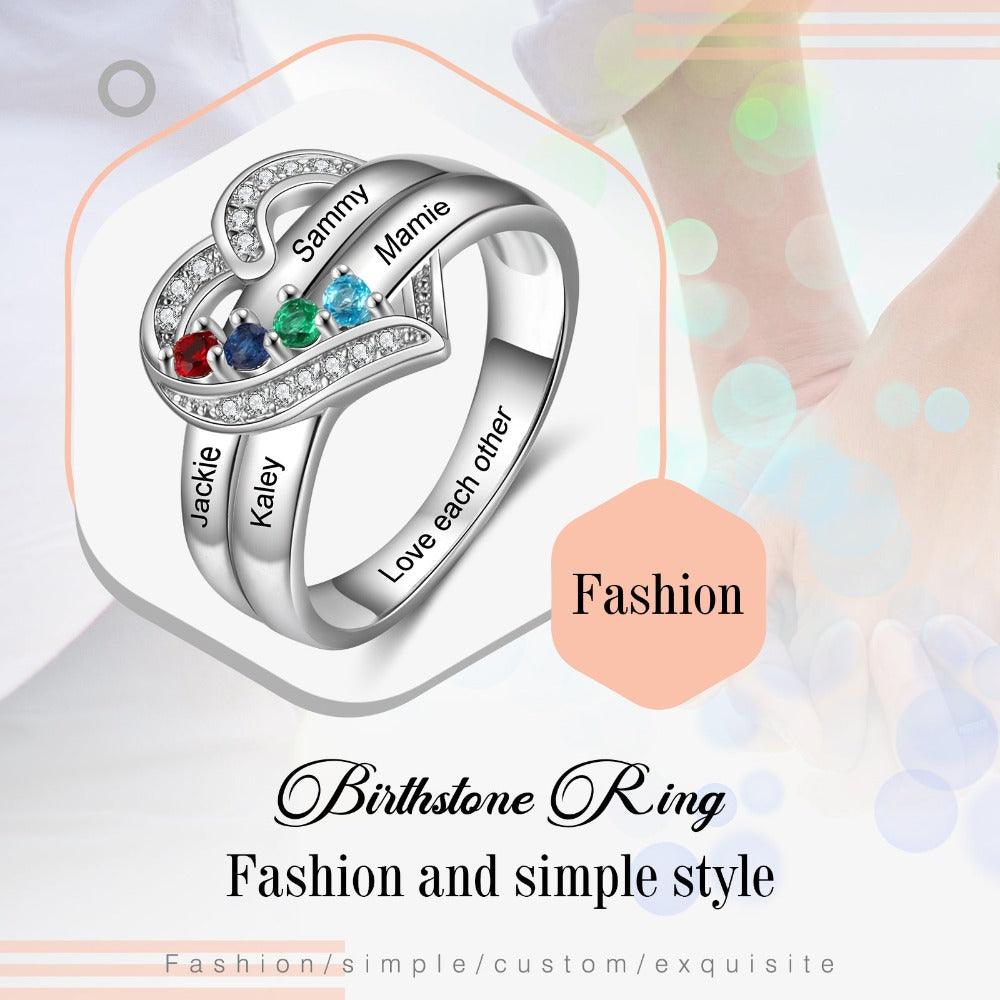 Heart Personalized Silver Ring - 4 Custom Birthstones 4 Custom Names 1 Custom Engraving - Personalized Jewel