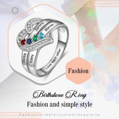 Heart Personalized Silver Ring - 4 Custom Birthstones 4 Custom Names 1 Custom Engraving - Personalized Jewel