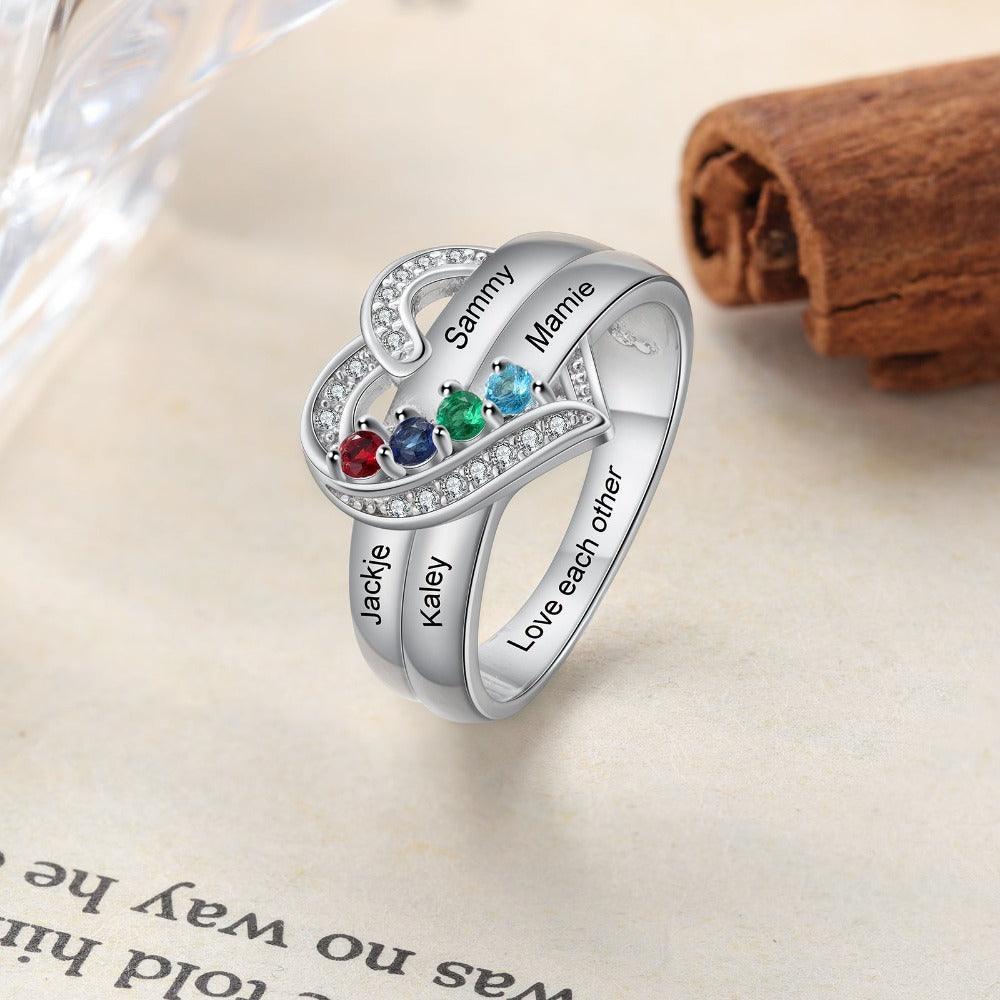 Heart Personalized Silver Ring - 4 Custom Birthstones 4 Custom Names 1 Custom Engraving - Personalized Jewel