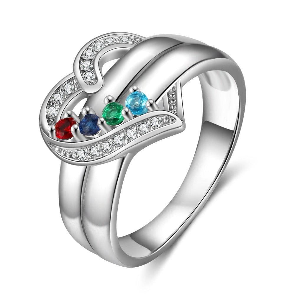 Heart Personalized Silver Ring - 4 Custom Birthstones 4 Custom Names 1 Custom Engraving - Personalized Jewel
