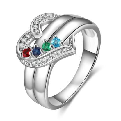 Heart Personalized Silver Ring - 4 Custom Birthstones 4 Custom Names 1 Custom Engraving - Personalized Jewel