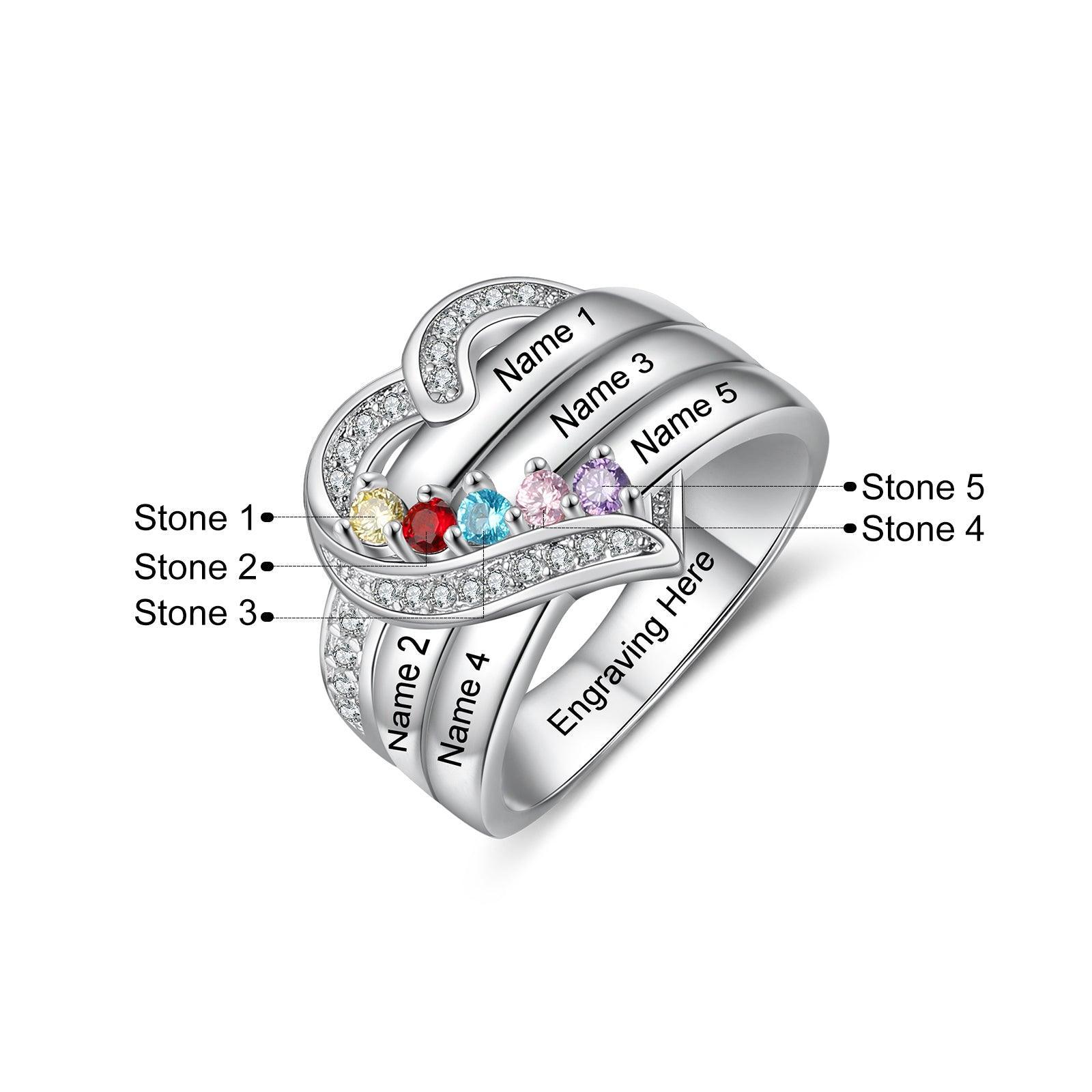 Heart Personalized Silver Ring - 5 Custom Birthstones 5 Custome Names 1 Custom Engraving-Personalized Jewels