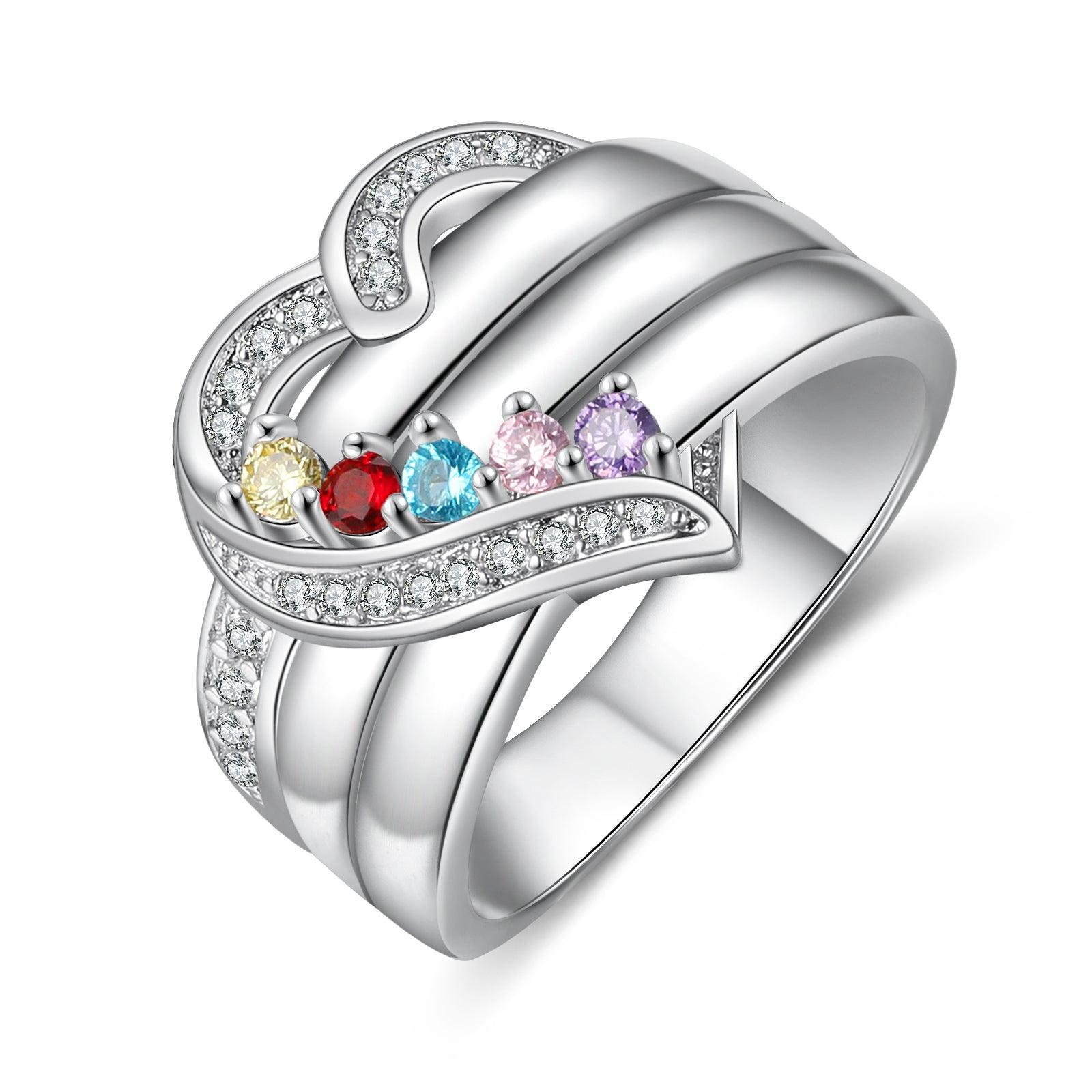 Heart Personalized Silver Ring - 5 Custom Birthstones 5 Custome Names 1 Custom Engraving-Personalized Jewels