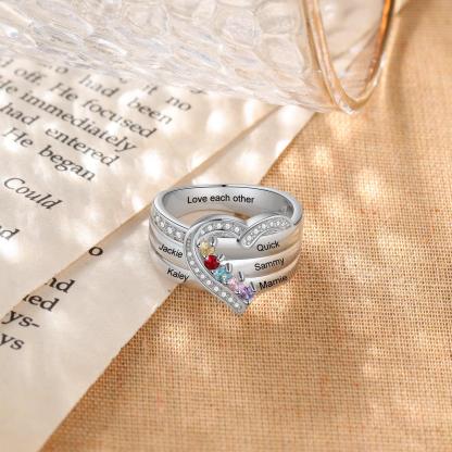 Heart Personalized Silver Ring - 5 Custom Birthstones 5 Custome Names 1 Custom Engraving - Personalized Jewel