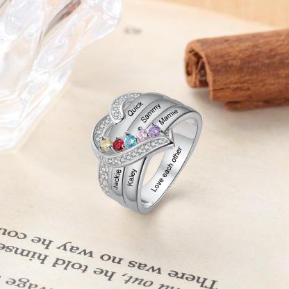 Heart Personalized Silver Ring - 5 Custom Birthstones 5 Custome Names 1 Custom Engraving - Personalized Jewel