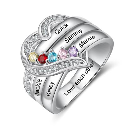 Heart Personalized Silver Ring - 5 Custom Birthstones 5 Custome Names 1 Custom Engraving - Personalized Jewel