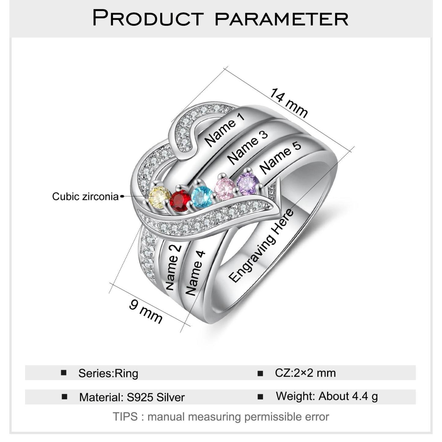 Heart Personalized Silver Ring - 5 Custom Birthstones 5 Custome Names 1 Custom Engraving - Personalized Jewel