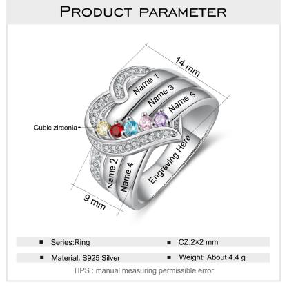 Heart Personalized Silver Ring - 5 Custom Birthstones 5 Custome Names 1 Custom Engraving - Personalized Jewel