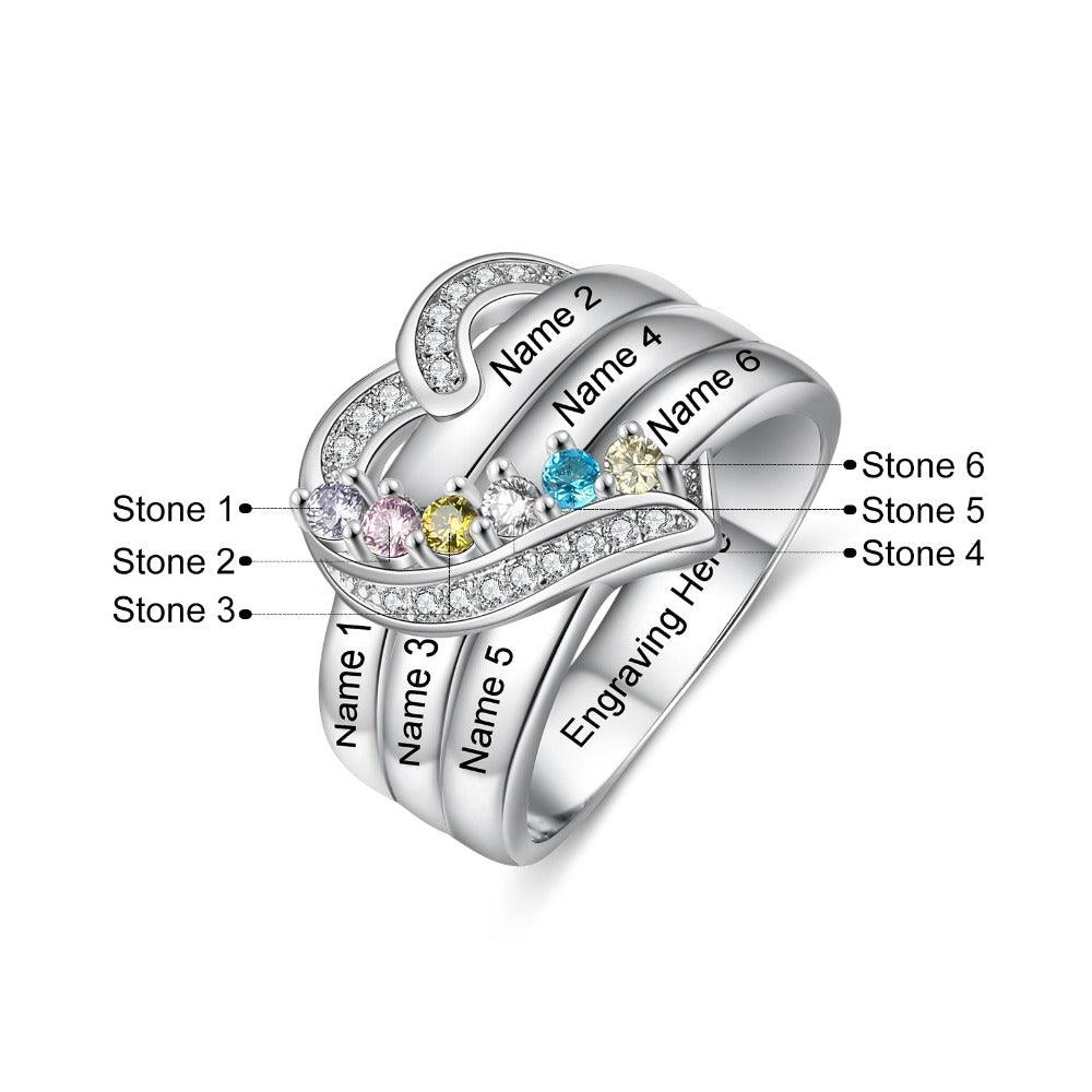 Heart Personalized Silver Ring - 6 Custom Birthstones 6 Custome Names 1 Custom Engraving-Personalized Jewels