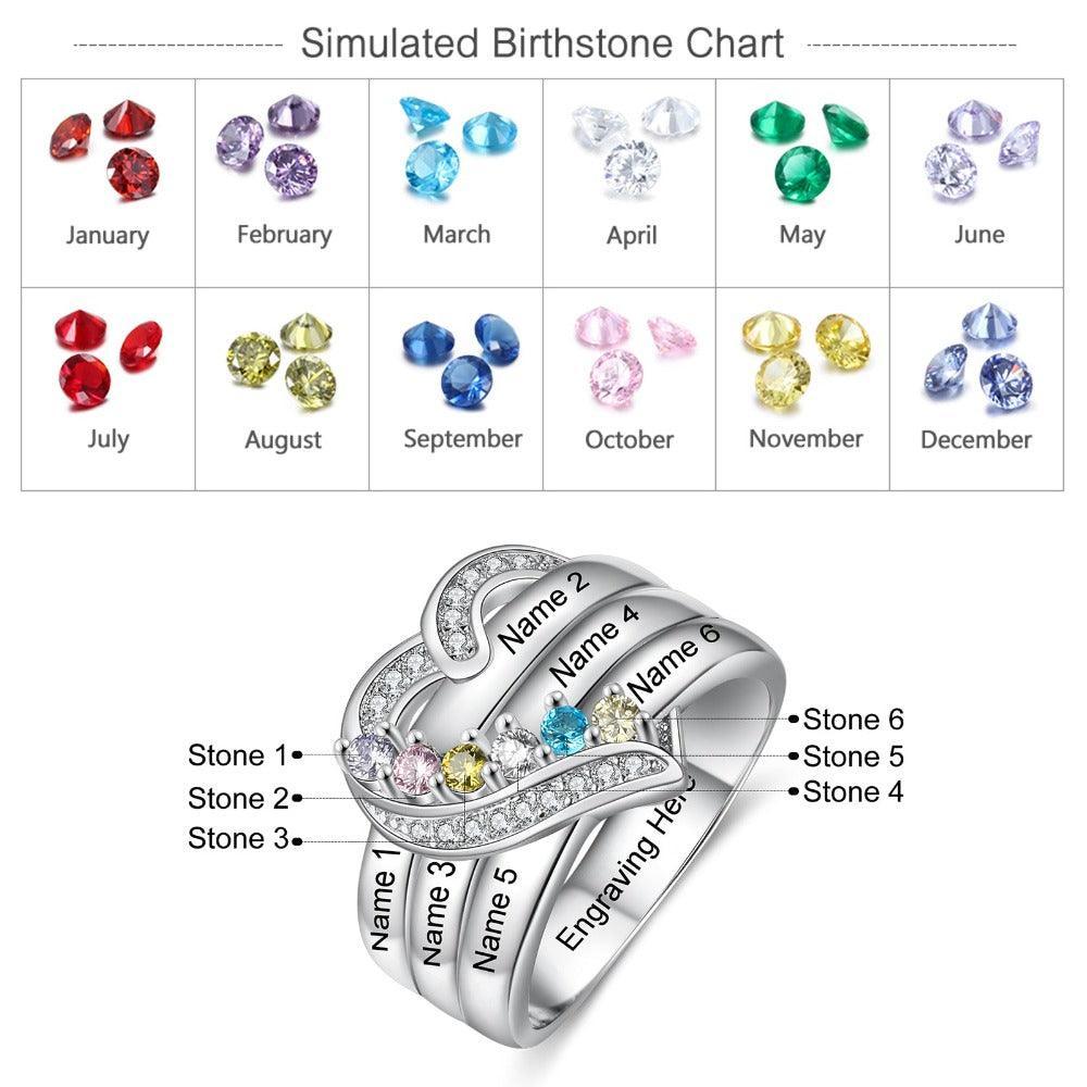 Heart Personalized Silver Ring - 6 Custom Birthstones 6 Custome Names 1 Custom Engraving-Personalized Jewels