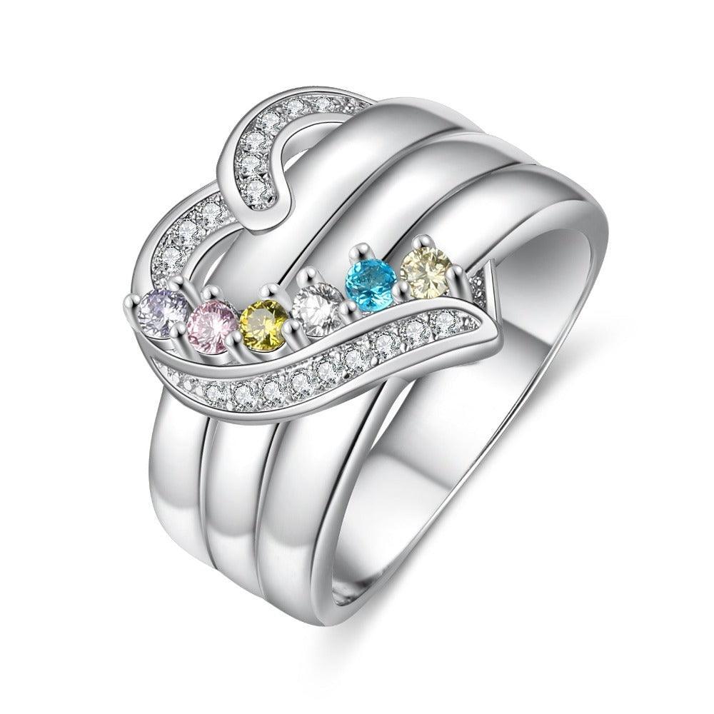 Heart Personalized Silver Ring - 6 Custom Birthstones 6 Custome Names 1 Custom Engraving-Personalized Jewels