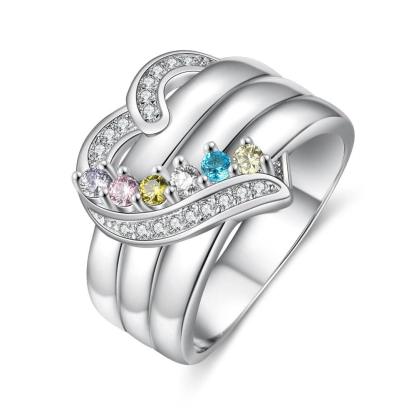 Heart Personalized Silver Ring - 6 Custom Birthstones 6 Custome Names 1 Custom Engraving-Personalized Jewels