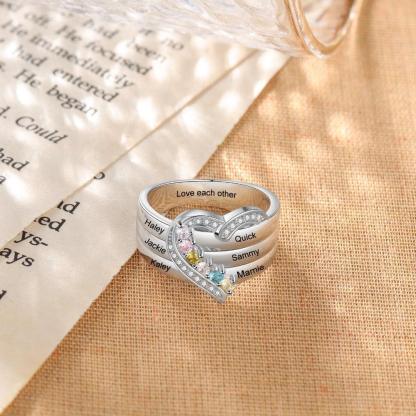 Heart Personalized Silver Ring - 6 Custom Birthstones 6 Custome Names 1 Custom Engraving-Personalized Jewels