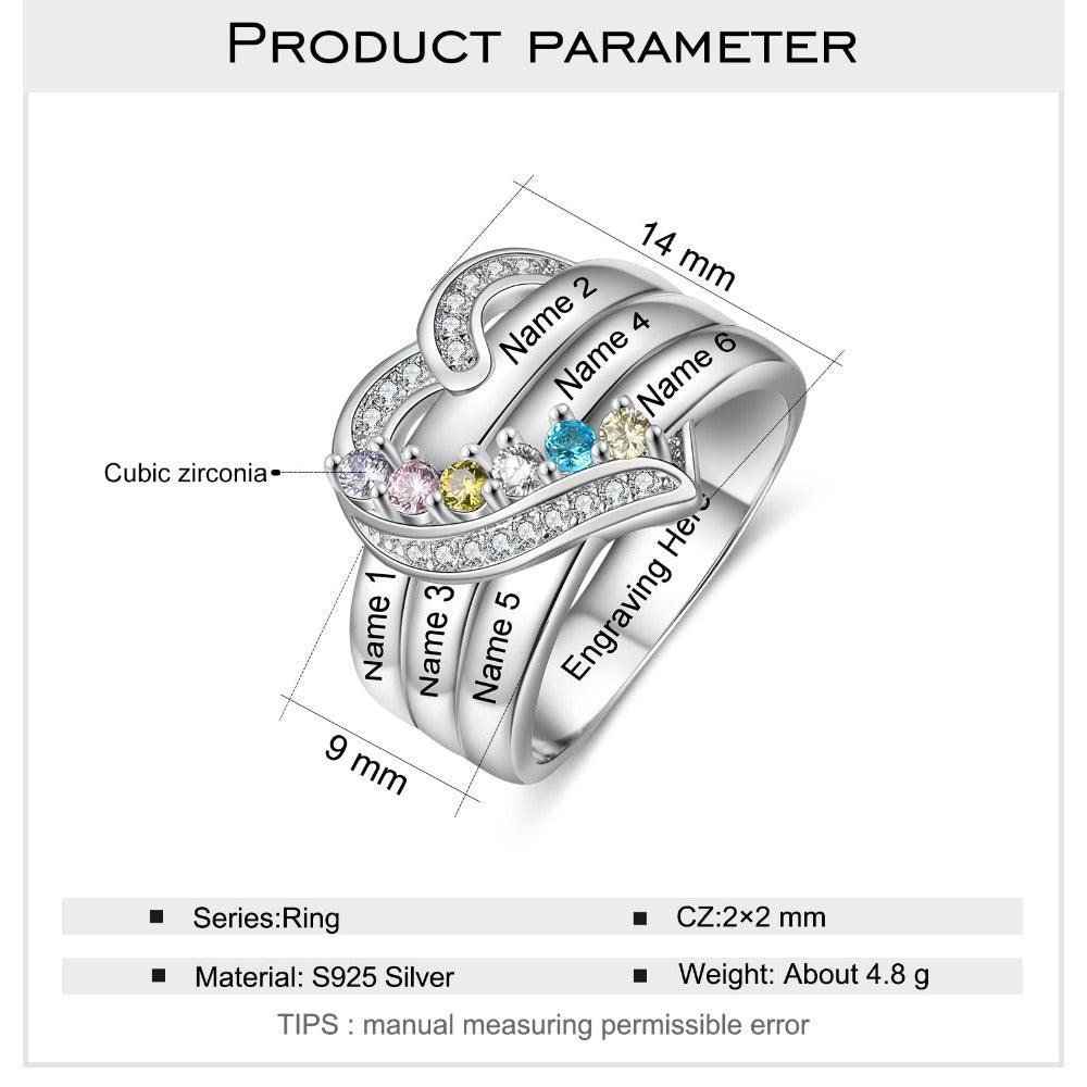 Heart Personalized Silver Ring - 6 Custom Birthstones 6 Custome Names 1 Custom Engraving-Personalized Jewels