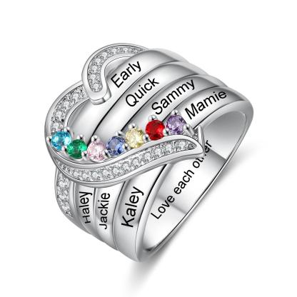 Heart Personalized Silver Ring - 7 Custom Birthstones 7 Custome Names 1 Custom Engraving - Personalized Jewel