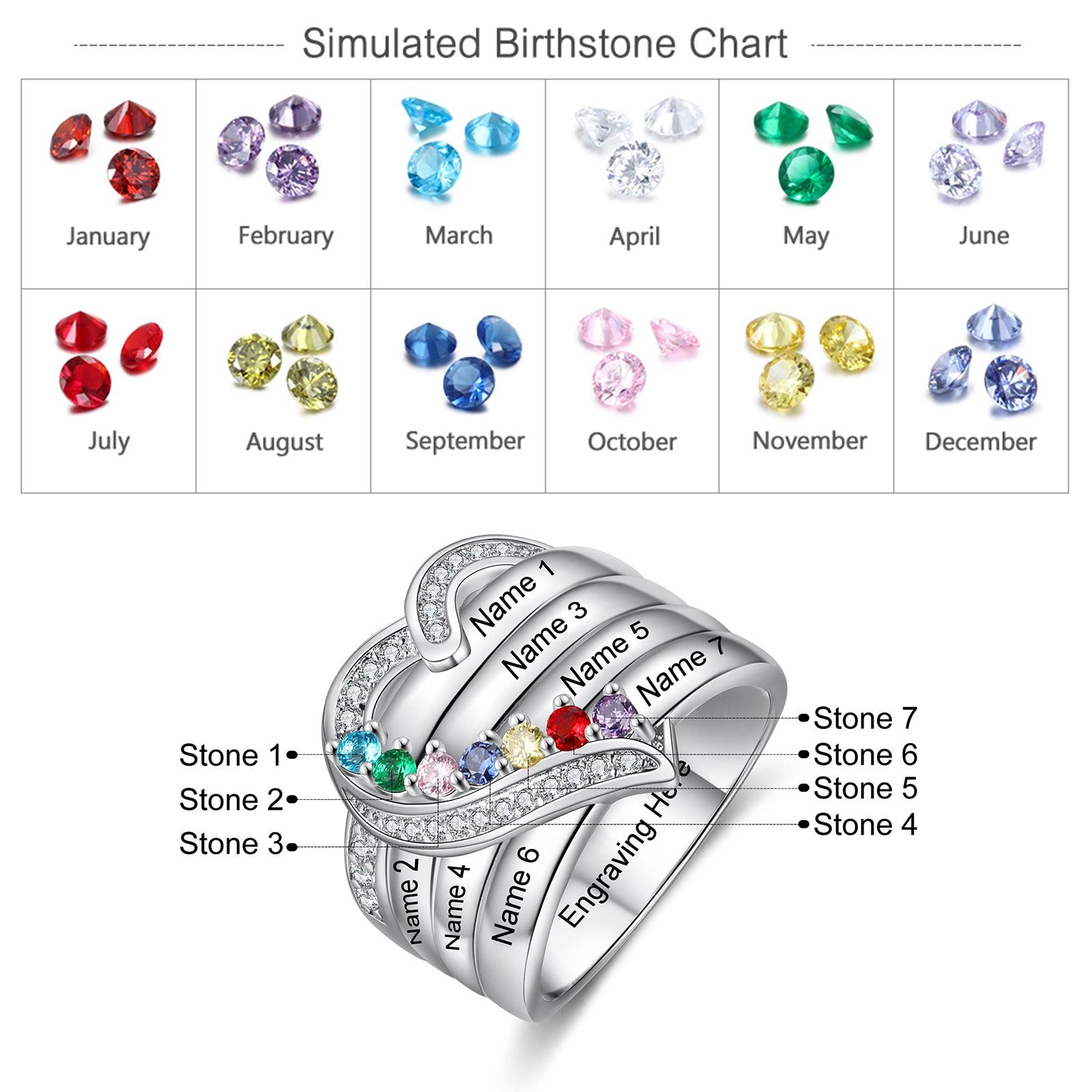 Heart Personalized Silver Ring - 7 Custom Birthstones 7 Custome Names 1 Custom Engraving - Personalized Jewel