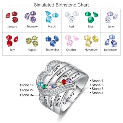 Heart Personalized Silver Ring - 7 Custom Birthstones 7 Custome Names 1 Custom Engraving - Personalized Jewel