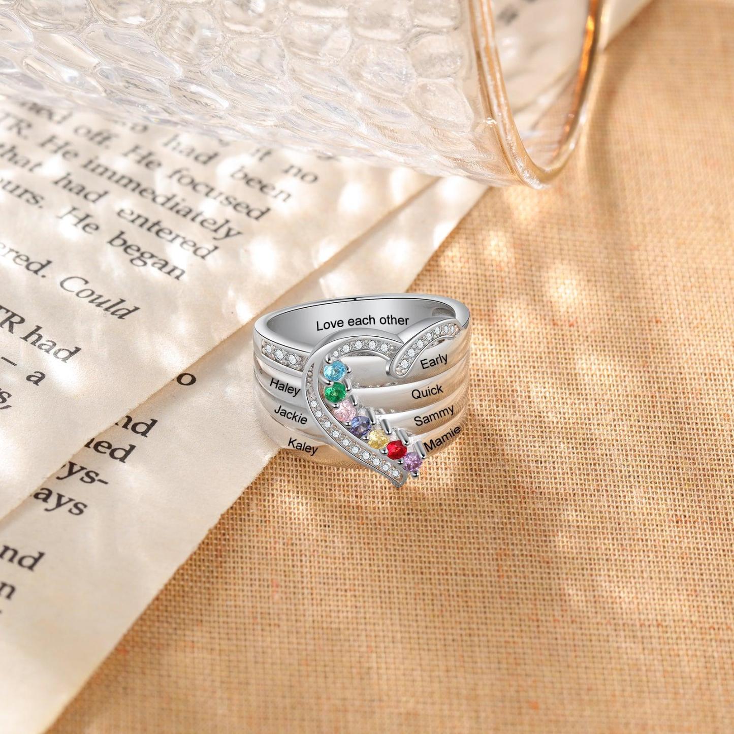 Heart Personalized Silver Ring - 7 Custom Birthstones 7 Custome Names 1 Custom Engraving - Personalized Jewel