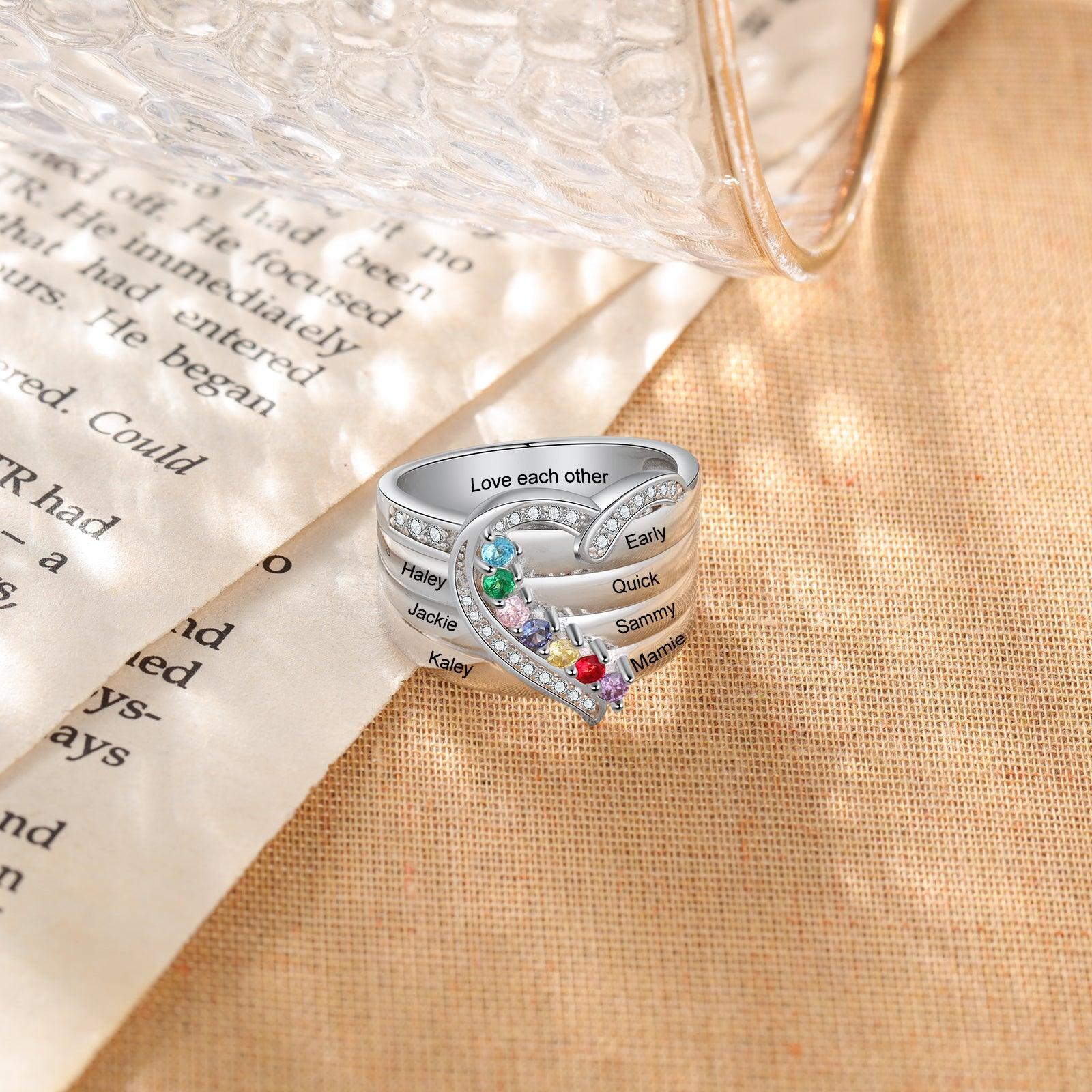 Heart Personalized Silver Ring - 7 Custom Birthstones 7 Custome Names 1 Custom Engraving-Personalized Jewels