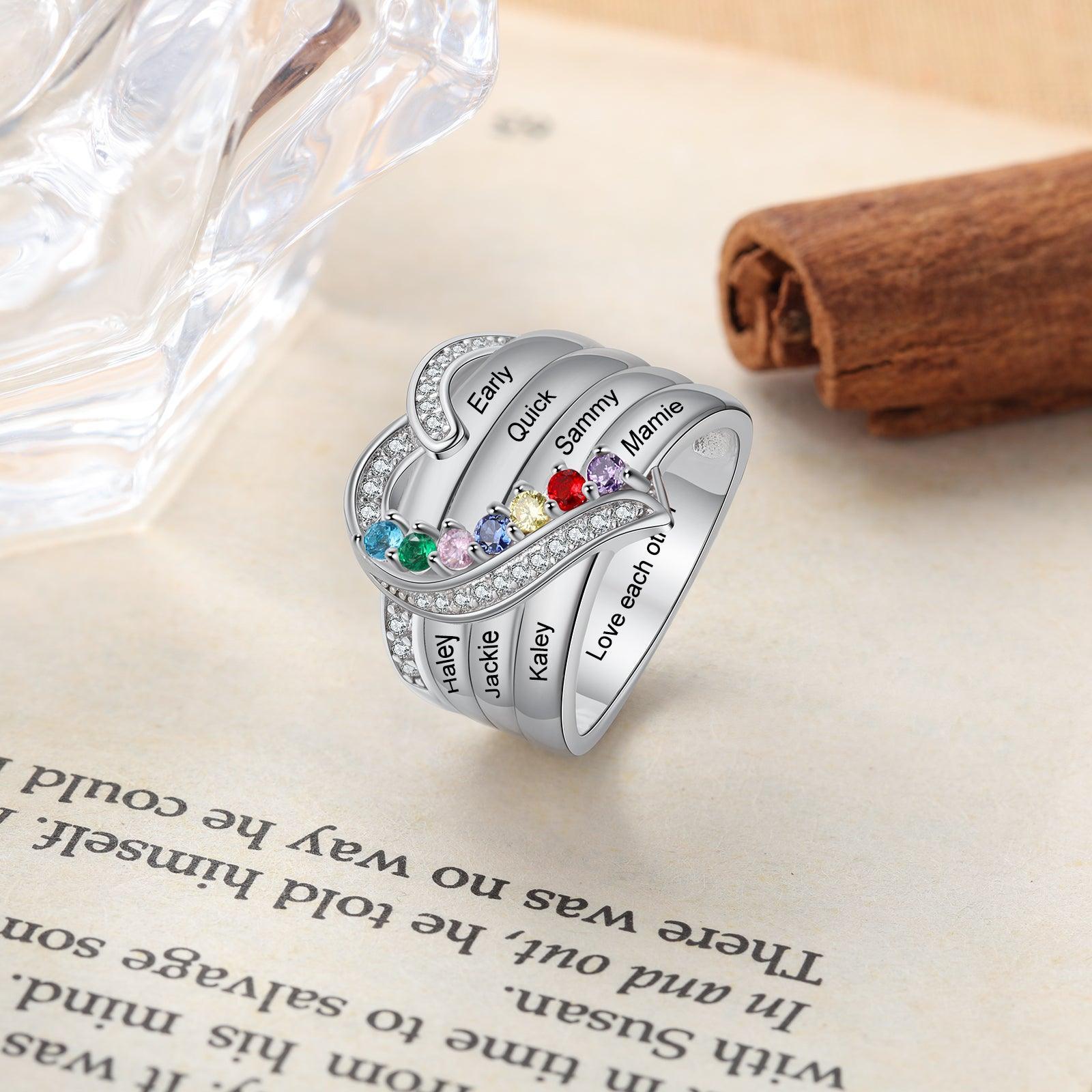 Heart Personalized Silver Ring - 7 Custom Birthstones 7 Custome Names 1 Custom Engraving-Personalized Jewels