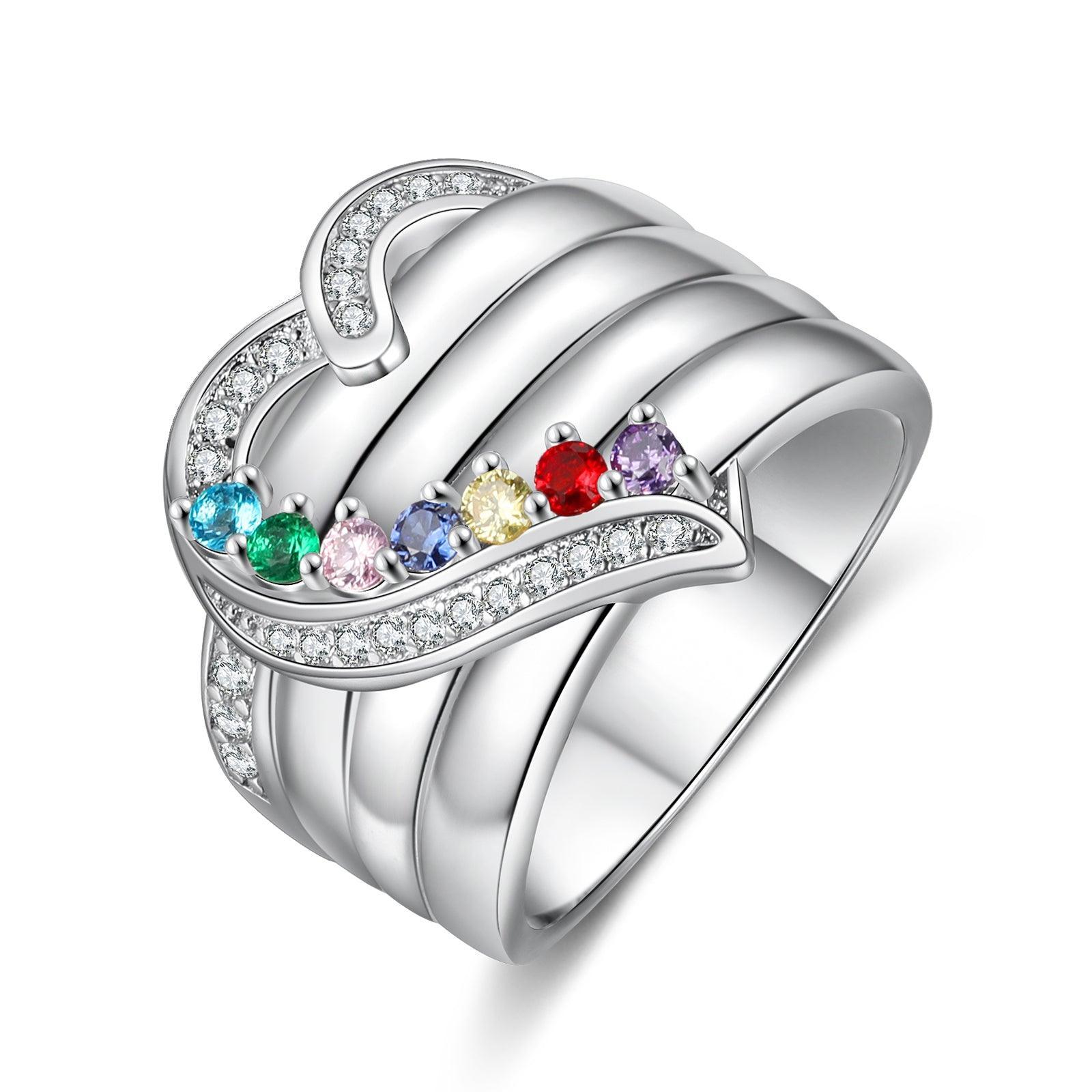 Heart Personalized Silver Ring - 7 Custom Birthstones 7 Custome Names 1 Custom Engraving-Personalized Jewels