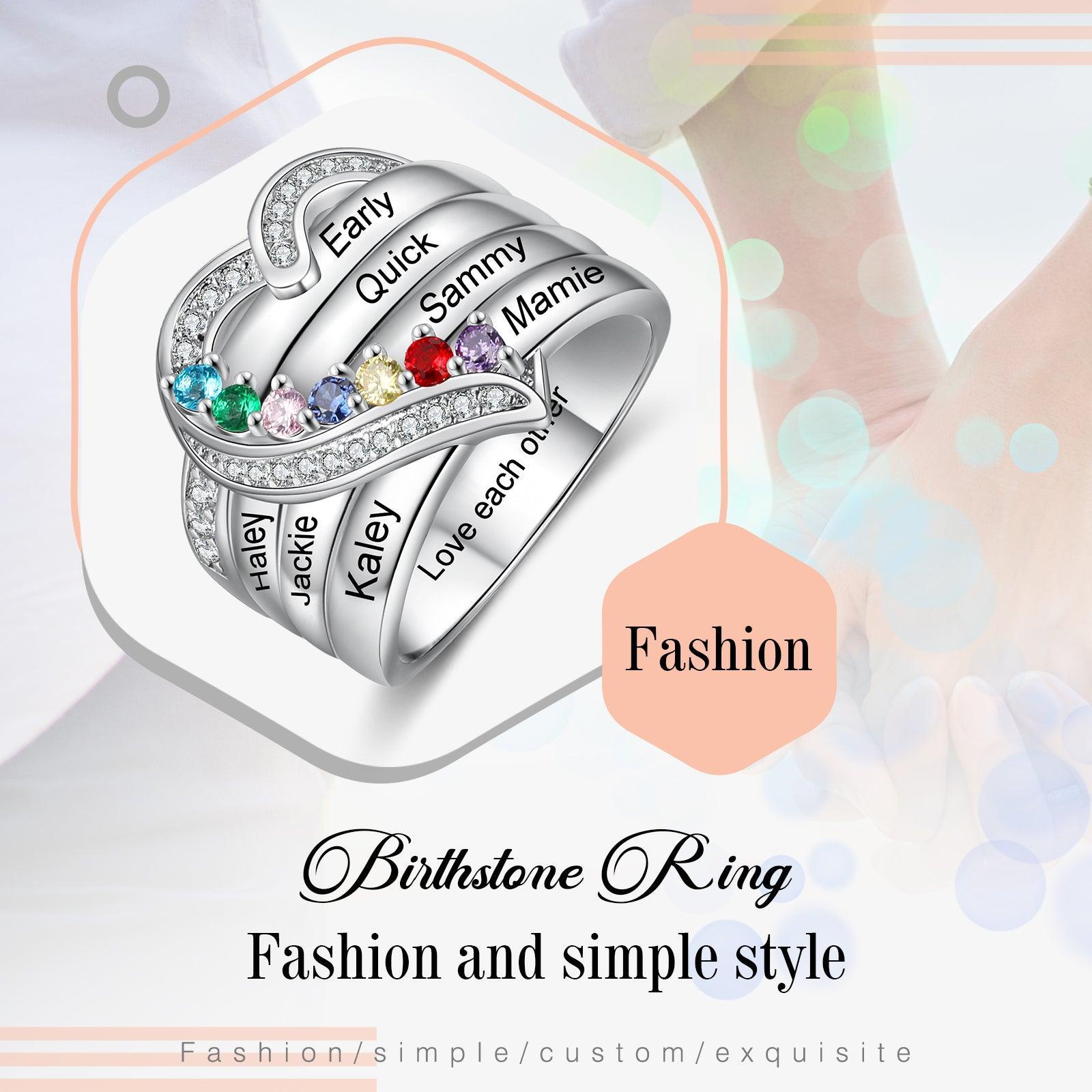 Heart Personalized Silver Ring - 7 Custom Birthstones 7 Custome Names 1 Custom Engraving-Personalized Jewels