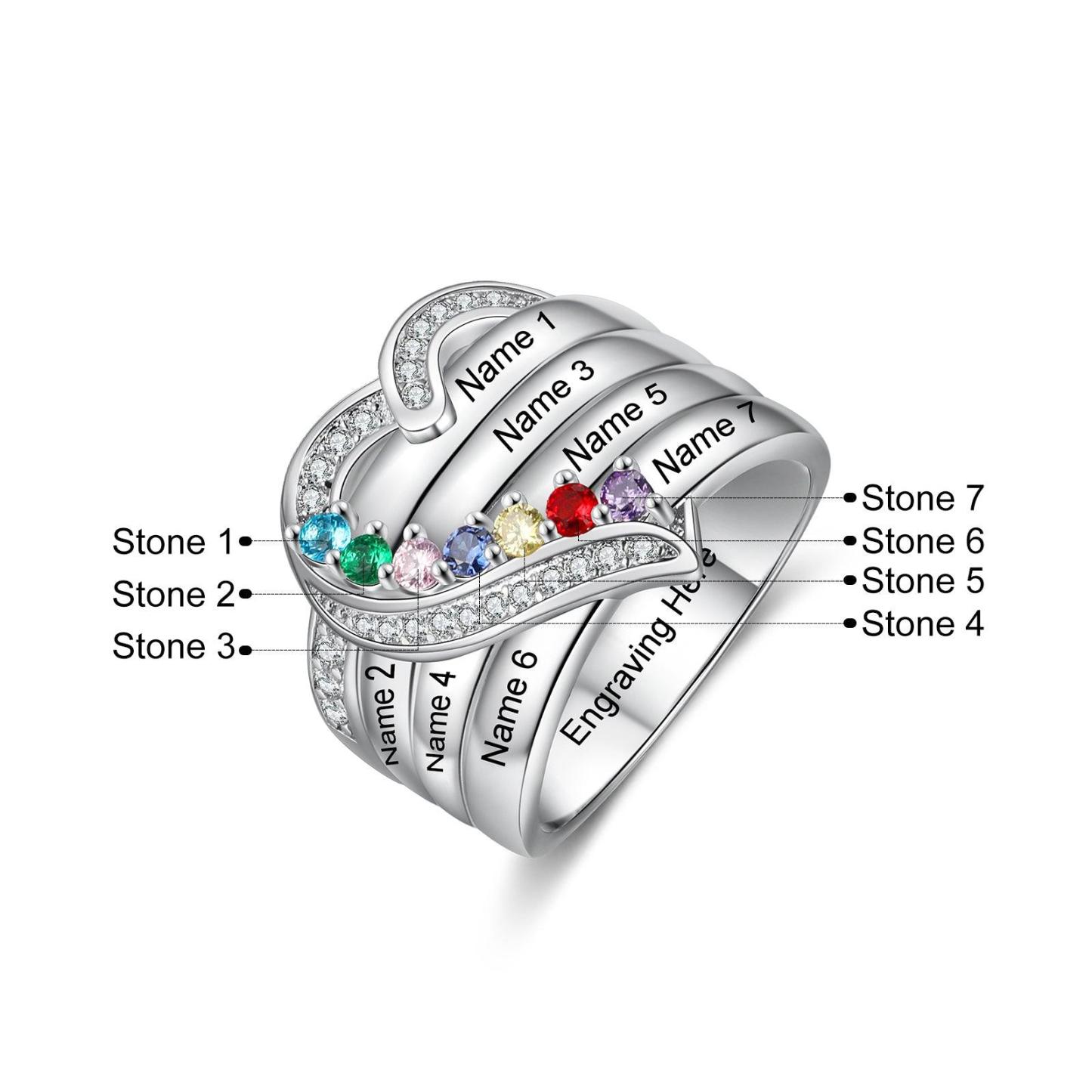 Heart Personalized Silver Ring - 7 Custom Birthstones 7 Custome Names 1 Custom Engraving - Personalized Jewel