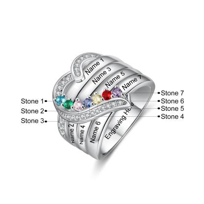 Heart Personalized Silver Ring - 7 Custom Birthstones 7 Custome Names 1 Custom Engraving - Personalized Jewel
