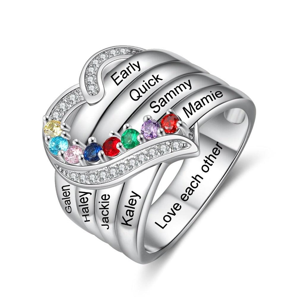 Heart Personalized Silver Ring - 8 Custom Birthstones 8 Custome Names 1 Custom Engraving-Personalized Jewels