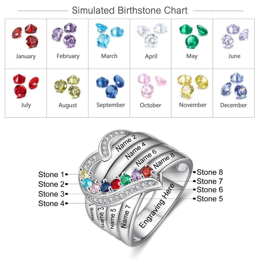 Heart Personalized Silver Ring - 8 Custom Birthstones 8 Custome Names 1 Custom Engraving-Personalized Jewels