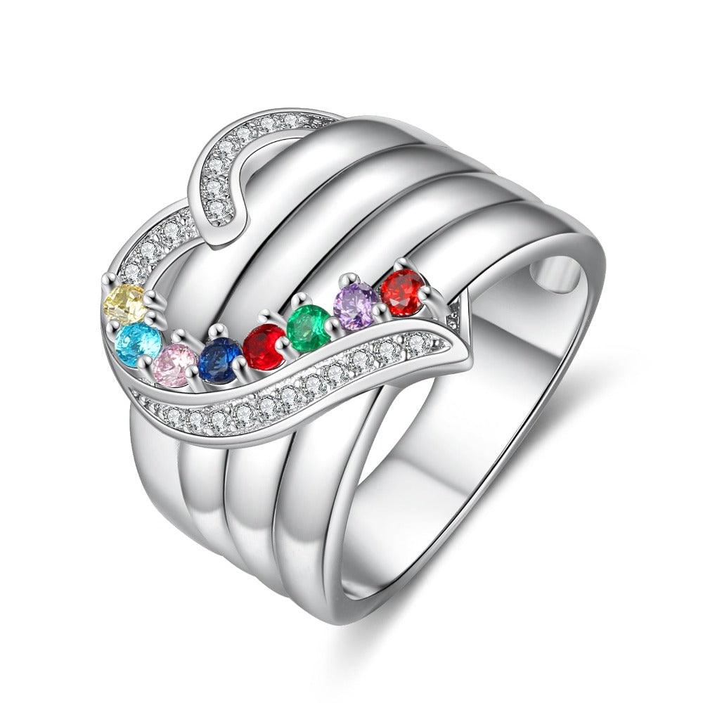 Heart Personalized Silver Ring - 8 Custom Birthstones 8 Custome Names 1 Custom Engraving-Personalized Jewels
