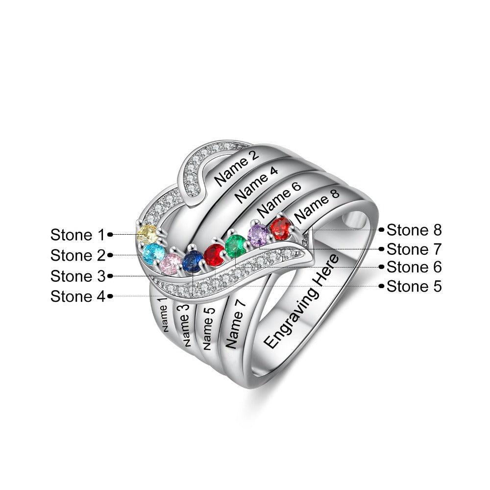 Heart Personalized Silver Ring - 8 Custom Birthstones 8 Custome Names 1 Custom Engraving-Personalized Jewels