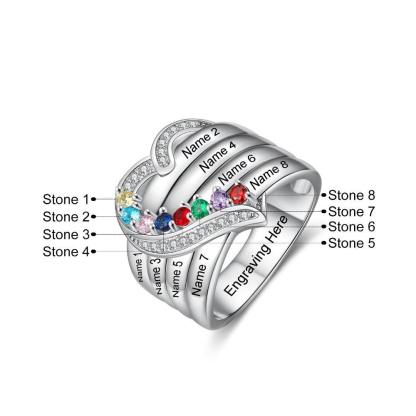 Heart Personalized Silver Ring - 8 Custom Birthstones 8 Custome Names 1 Custom Engraving-Personalized Jewels
