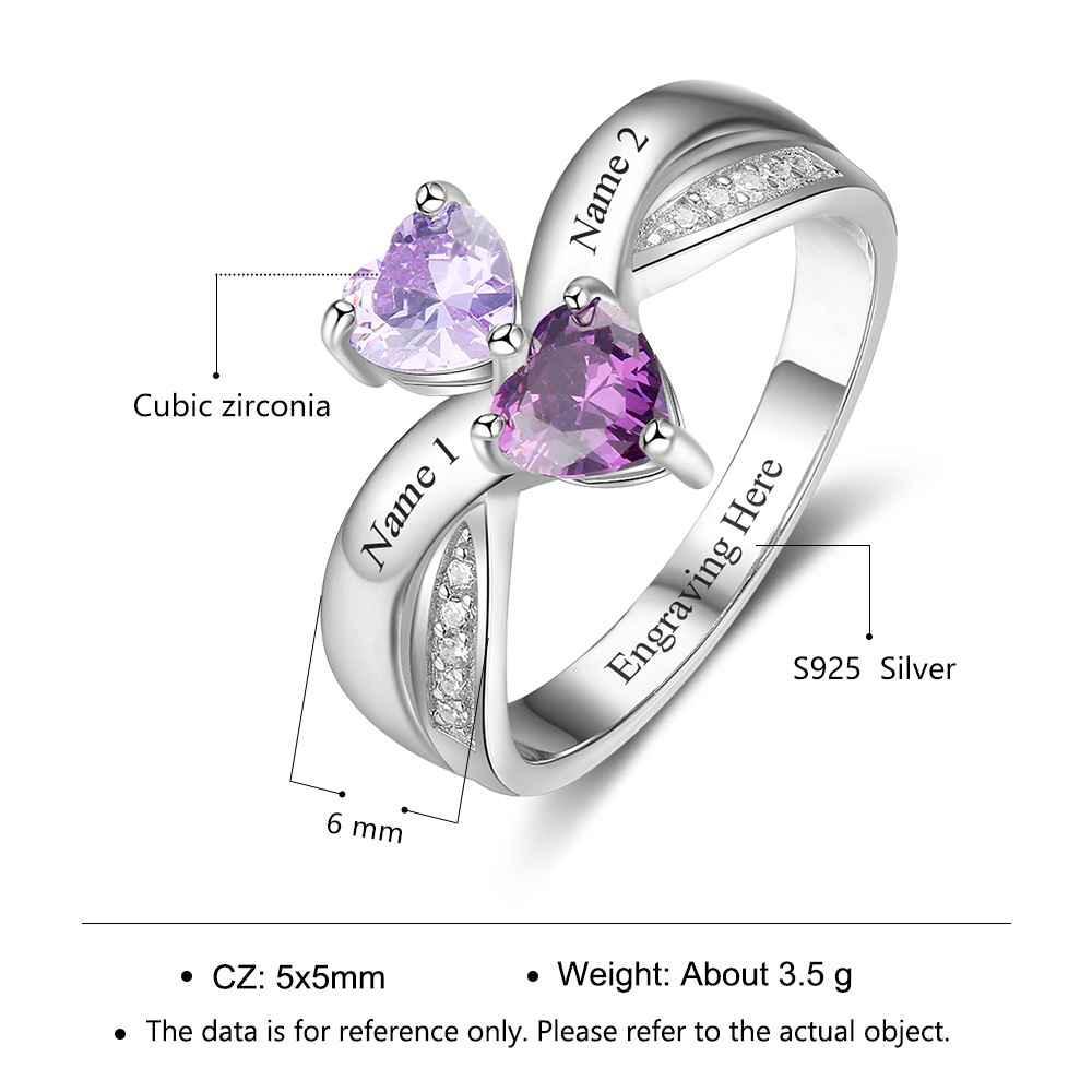 Heart-shaped Personalized 925 Sterling Silver Ring Engraved with Birthstone, Gift of Love - Personalized Jewel