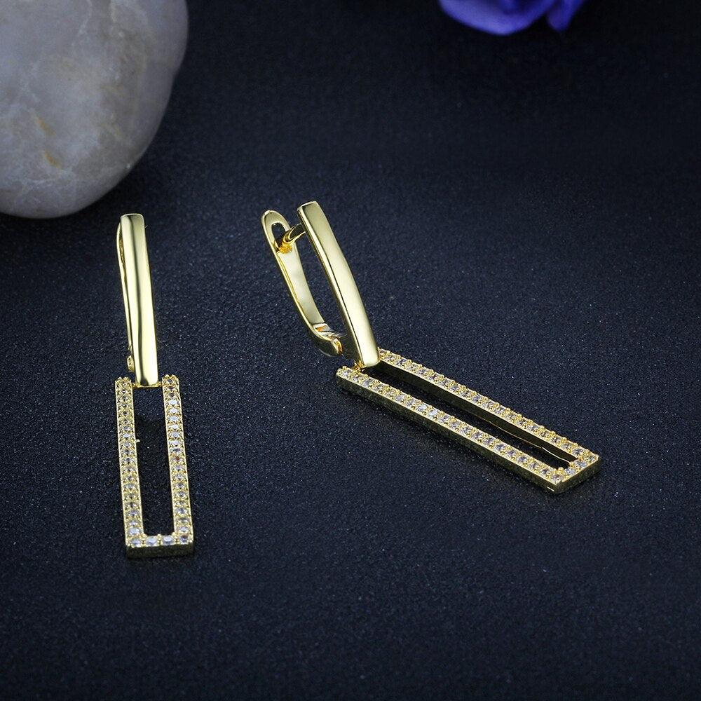 High-Quality Silver Rectangle Shaped Gold Plated Long Dangling Drop Earrings with Cubic Zirconia, Fashion Jewelry for Women - Personalized Jewel