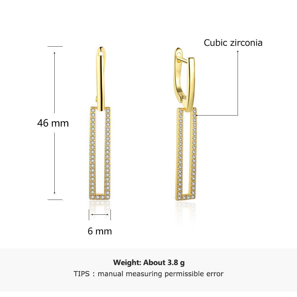 High-Quality Silver Rectangle Shaped Gold Plated Long Dangling Drop Earrings with Cubic Zirconia, Fashion Jewelry for Women - Personalized Jewel